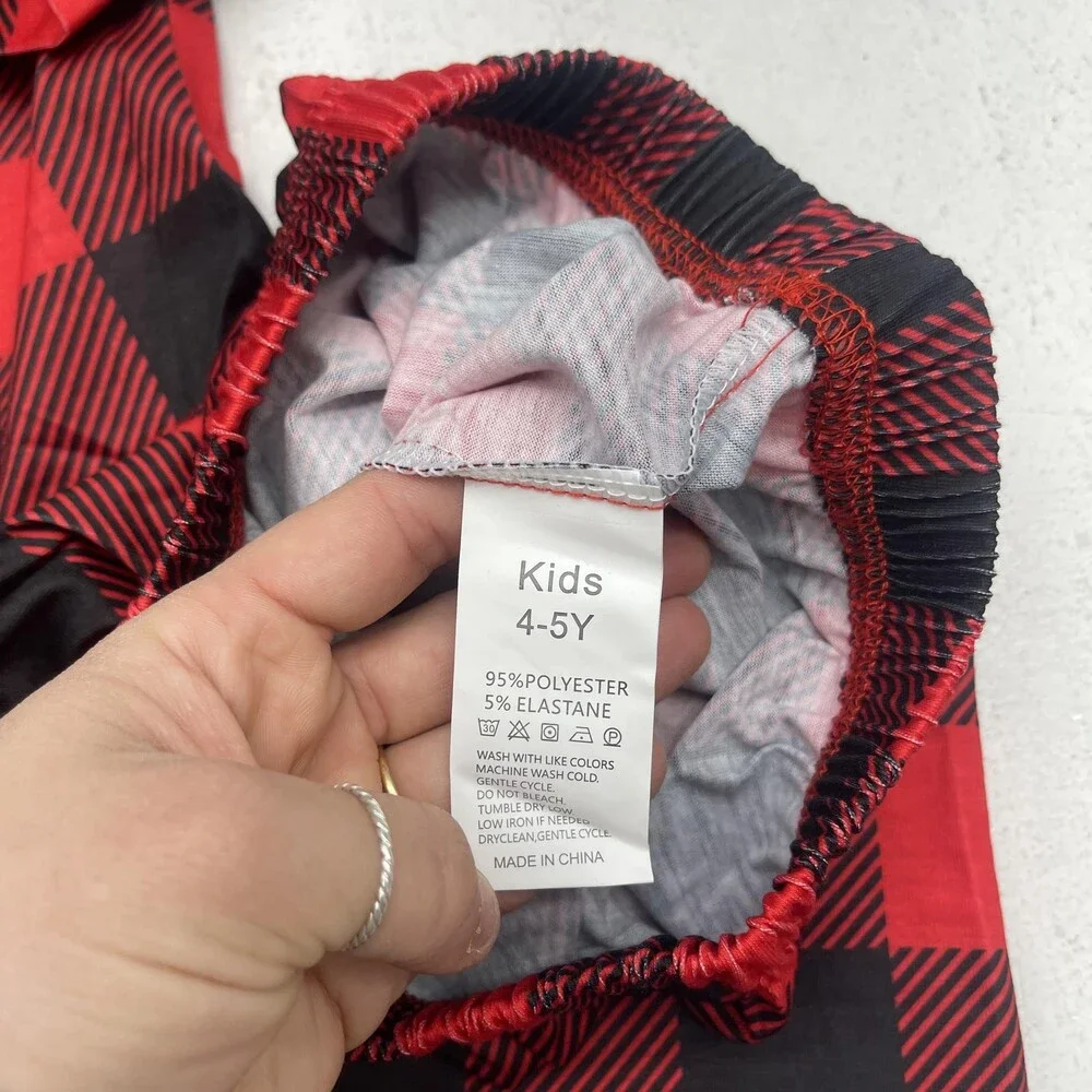 Buffalo Plaid Pajama Set Kids 4-5Y Red Jersey Button Front 2 Piece Sleepwear